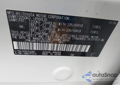 2017 Toyota Rav4 Hybrid Limited z USA, uszkodzony, nr VIN JTMDJREV1HD090013